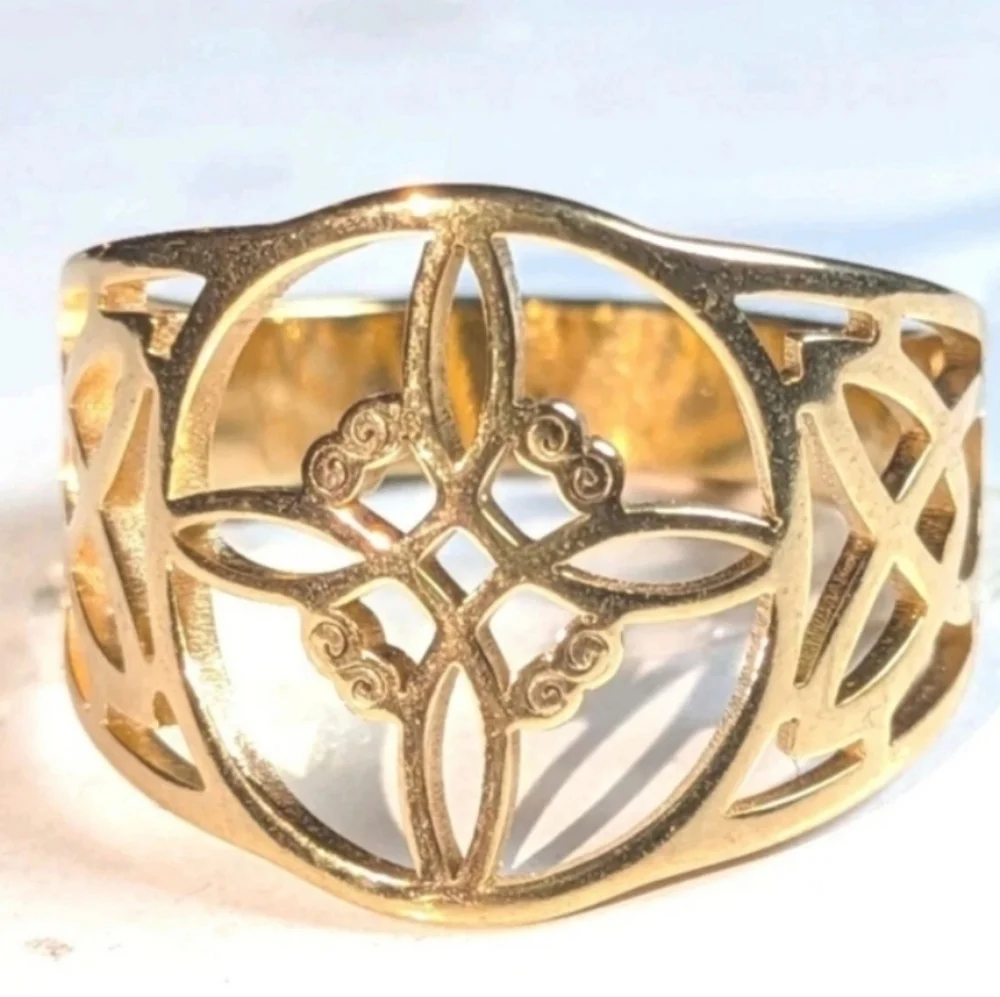 Witch Knot Golden Stainless Steel Ring For Women Wiccan Cross Celtic Knot Sz 8
